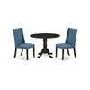 Ergode DLFL3-ABK-21 3-Piece Kitchen Set Included a Round Wood Kitchen Table & 2 Modern Dining Chairs, Mineral Blue Linen Fabric Parson Chairs Seat with Rubber Wood Legs, Wirebrushed Black Finish view 1