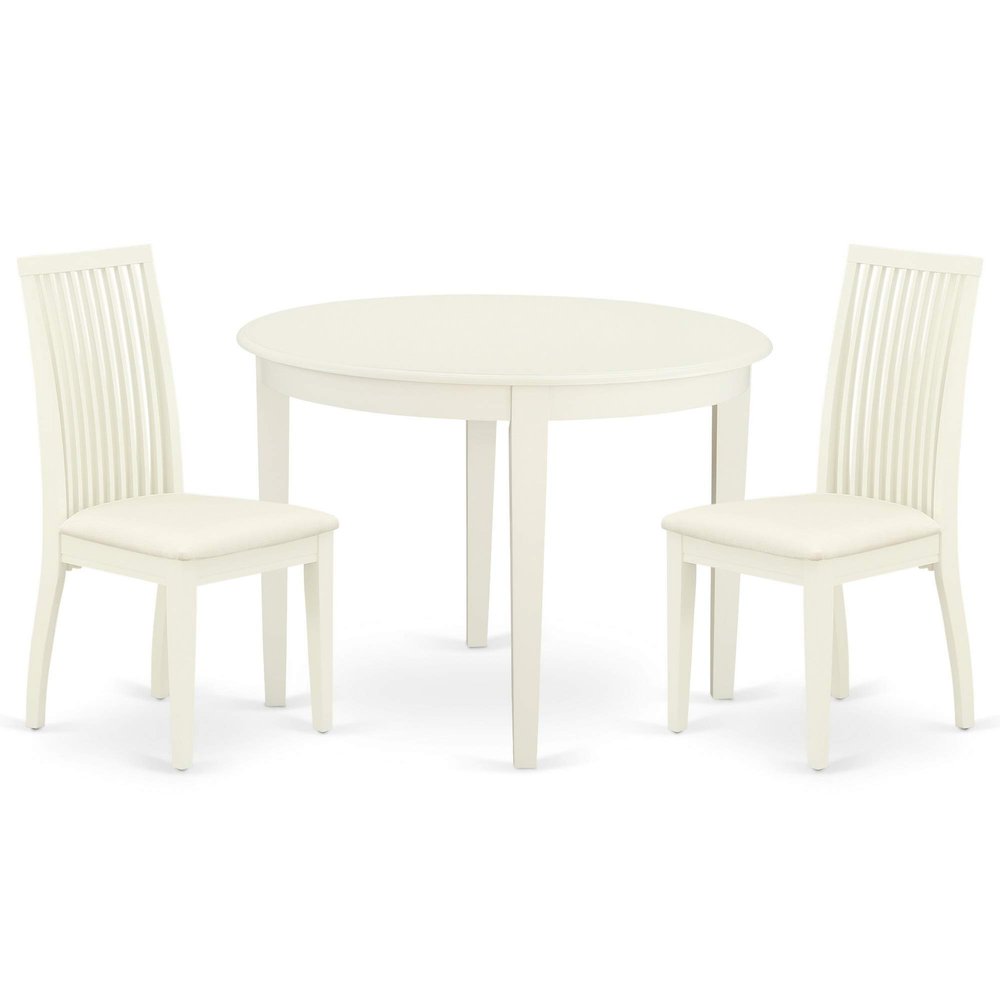 BOIP3-WHI-C 3Pc Dinette Set Includes a Rounded Kitchen Table and Two Microfiber Seat Dining Chairs, White Finish