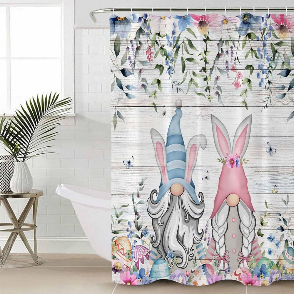 Easter Gnomes Shower Curtain Set with Hook 48" x 72",Washable Cloth Polyester Fabric Shower+Curtain,Waterproof Bath Curtains for Bathroom,Showers,Bathtubs Decor Eggs Woodgrain Herb Aesthetic Floral