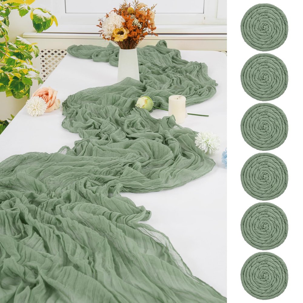 6 Pack Sage Green Cheesecloth Table Runner,10FT Gauze Boho Long Cheesecloth Table Runner 35x120inch Rustic Cheese Cloth Table Runner for Wedding Party Bridal Shower,Dinner Table Decorations