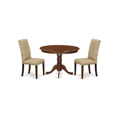Ergode 3-Pc Table and Chairs Dining Set | Solid Rubber Wood | Mahogany Finish | Compact Design | Cushioned Linen Fabric Seats | Easy Assembly
