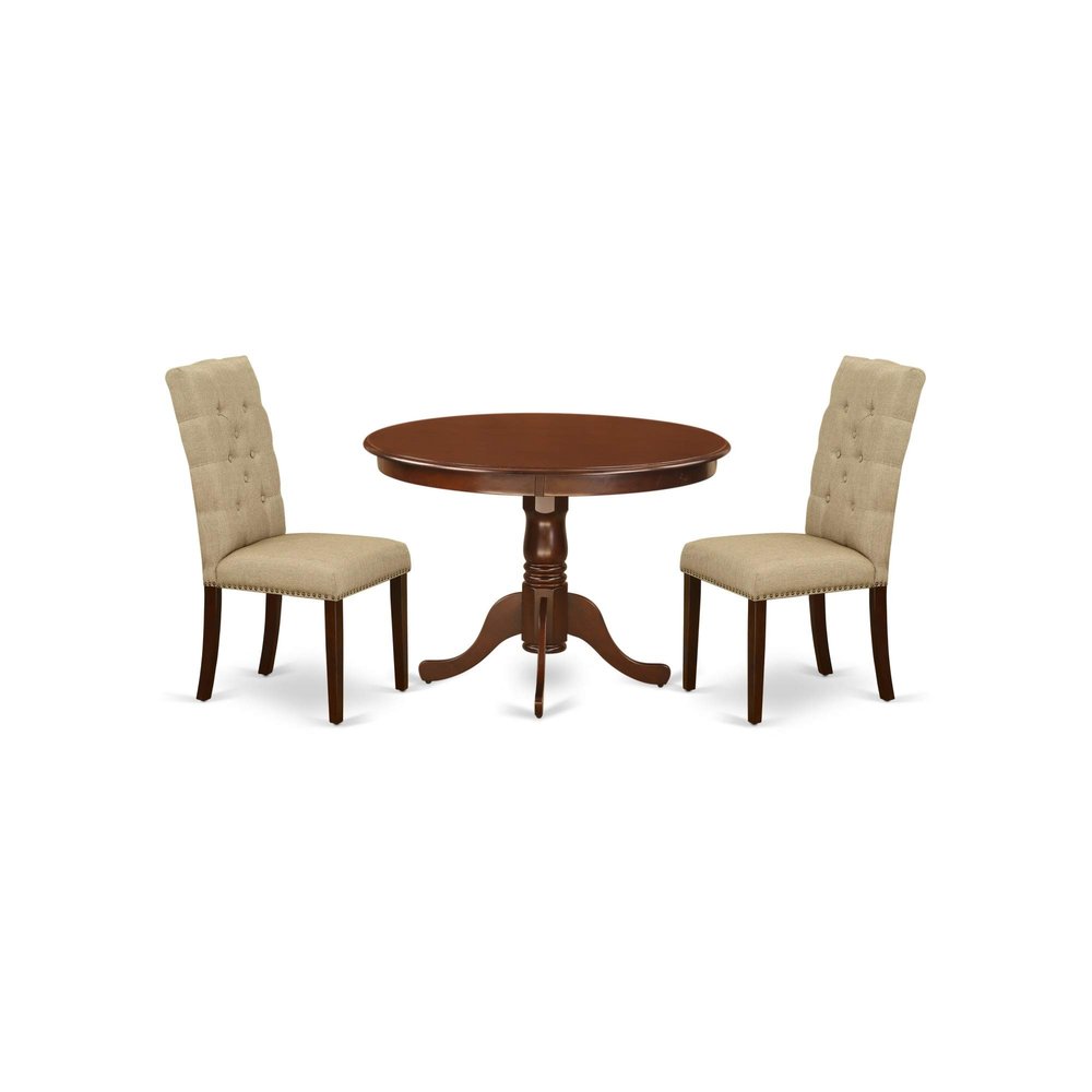 Ergode 3-Pc Table and Chairs Dining Set | Solid Rubber Wood | Mahogany Finish | Compact Design | Cushioned Linen Fabric Seats | Easy Assembly