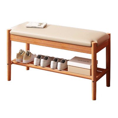 HotcoS Wooden Shoe Bench, 2-Tier Shoe Rack Shelf Organiser with Padded Cushion Seat, Entryway, Hallway Living Room Accent Furniture, 80cm
