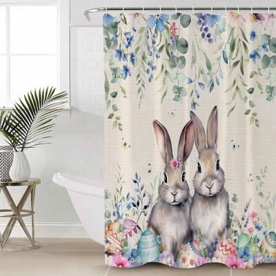 Easter Rabbits Shower Curtain Set with Hook 72" x 78",Washable Cloth Polyester Fabric Shower+Curtain,Waterproof Bath Curtains for Bathroom,Showers,Bathtubs Easter Eggs Farmhouse Country Leaves Herb