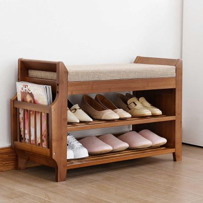HotcoS Bamboo 2 Tiers Shoe Rack Shoe Bench with Seat Cushion, Hallway Shoe Storage Bench Organizer with Drawer