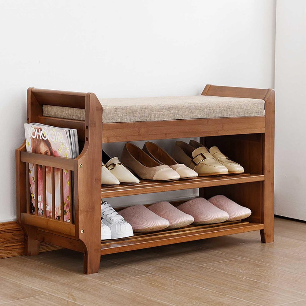 HotcoS Bamboo 2 Tiers Shoe Rack Shoe Bench with Seat Cushion, Hallway Shoe Storage Bench Organizer with Drawer