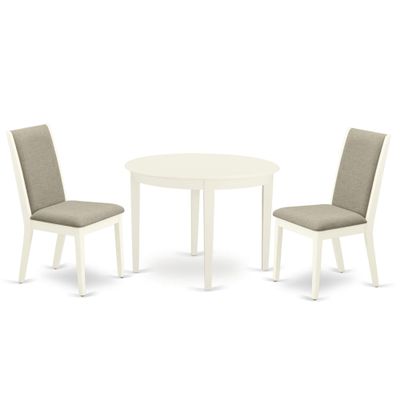 Ergode 3-Pc Dining Set: Round Wood Table & 2 Parson Chairs, Linen Fabric Seat, Rubber Wood Legs, Linen White Finish. Ideal for Small Spaces.