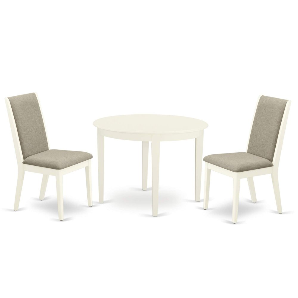 Ergode 3-Pc Dining Set: Round Wood Table & 2 Parson Chairs, Linen Fabric Seat, Rubber Wood Legs, Linen White Finish. Ideal for Small Spaces.