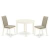 Ergode 3-Pc Dining Set: Round Wood Table & 2 Parson Chairs, Linen Fabric Seat, Rubber Wood Legs, Linen White Finish. Ideal for Small Spaces. view 1