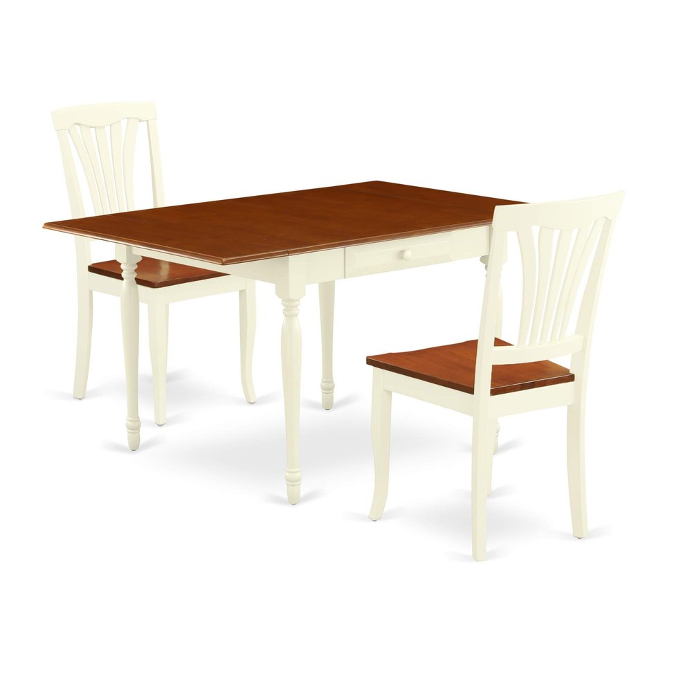 Elegant MZAV3-WHI-W Dining Table Set - Asian Hardwood, Buttermilk & Cherry Finish, Drop-Leaf Table, 2 Wooden Chairs, Storage Drawers, Comfortable & Stylish
