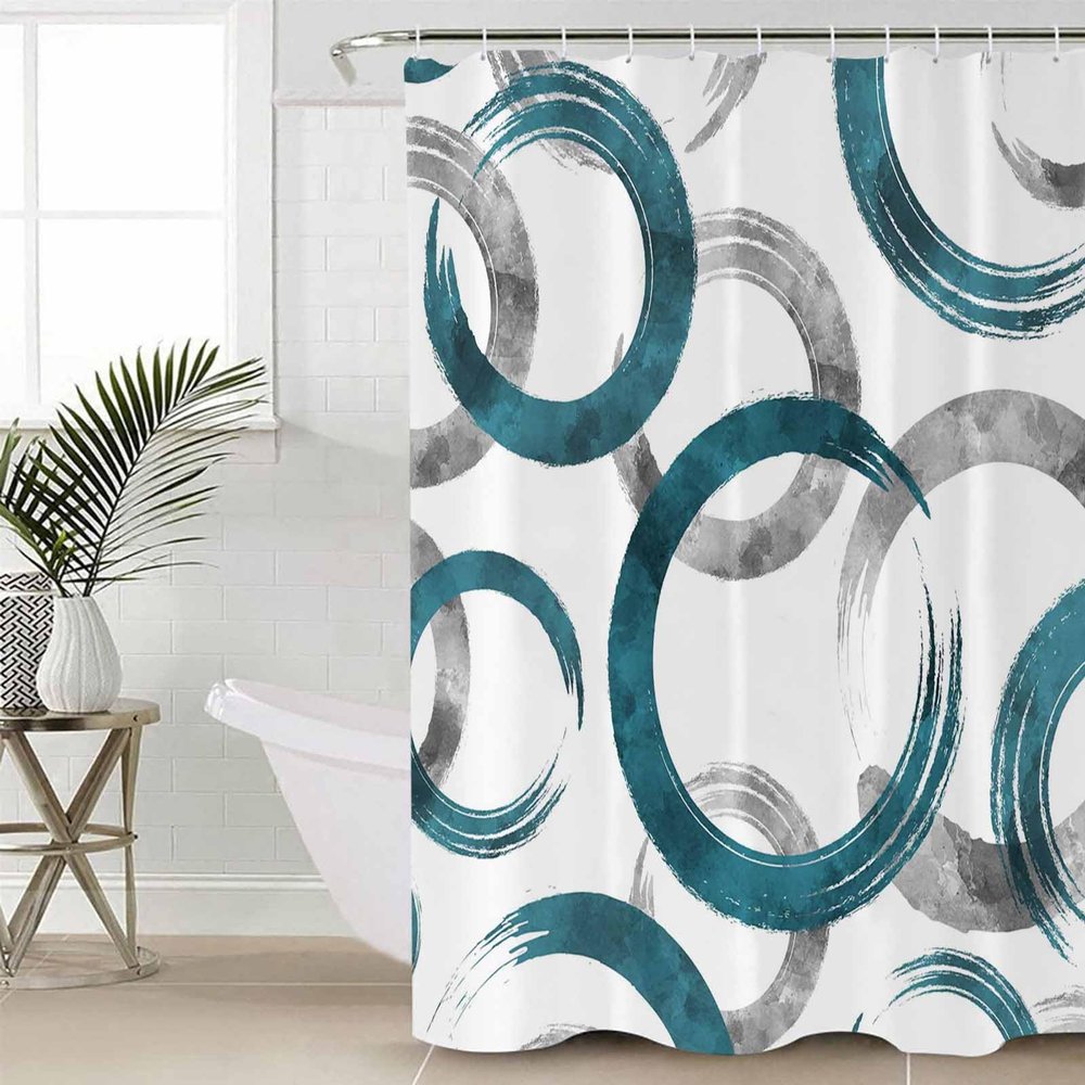 Geometric Teal Shower Curtain Set with Hook 72" x 96",Washable Cloth Polyester Fabric Shower+Curtain,Waterproof Bath Curtains for Bathroom,Showers,Bathtubs Decor Modern Abstract Painting Circles Gray