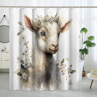 TPHIHPT Cute Goat Shower Curtain Watercolor Animal Shower Curtain Kawaii Pattern Shower Curtain Bathroom Decor Polyester Fabric-72" x 72"