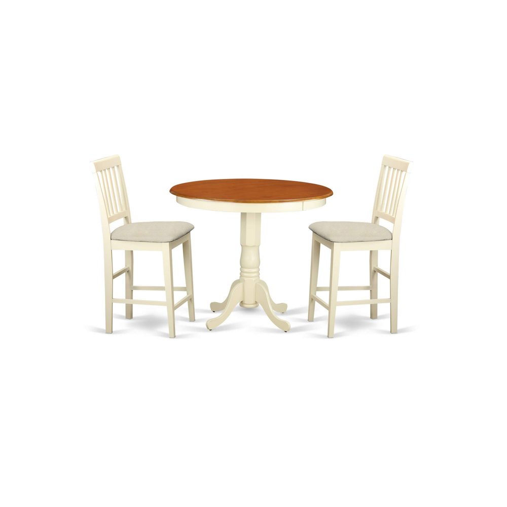 Elegant 3-Piece Dining Set: Space-Saving Asian Hardwood Table & Chairs with Microfiber Seats. Buttermilk Base with Cherry Seats & Table Top.