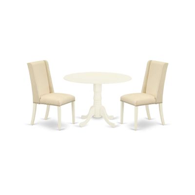 Ergode 3-Pc Modern Dining Table Set | Round Mid-Century Table & 2 Parsons Chairs | Linen White Finish | Cream Linen Fabric Seats | Compact Design | Easy Assembly | Durable Asian Rubber Wood