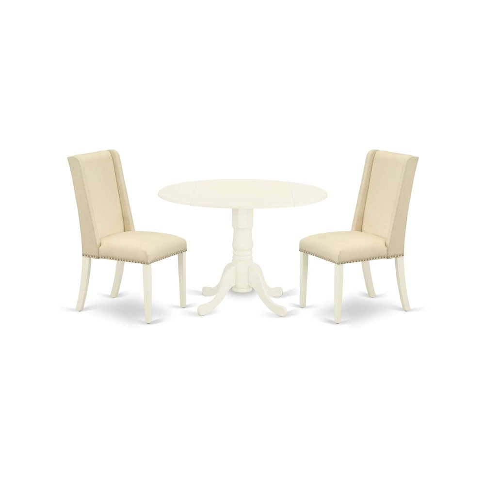 Ergode 3-Pc Modern Dining Table Set | Round Mid-Century Table & 2 Parsons Chairs | Linen White Finish | Cream Linen Fabric Seats | Compact Design | Easy Assembly | Durable Asian Rubber Wood