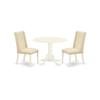 Ergode 3-Pc Modern Dining Table Set | Round Mid-Century Table & 2 Parsons Chairs | Linen White Finish | Cream Linen Fabric Seats | Compact Design | Easy Assembly | Durable Asian Rubber Wood view 1