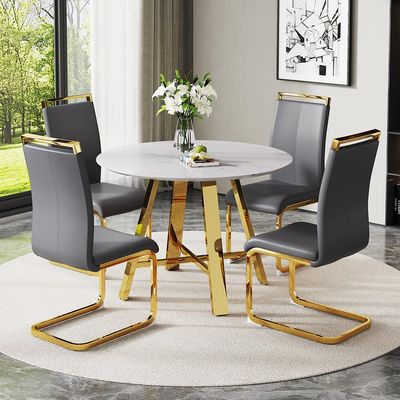 AISYKOD Modern Marble Round Dining Table & Upholstered High Back PU Leather Chairs - 42" Faux Marble Dining Room Set for Kitchen, Office, Cafe & Small Spaces