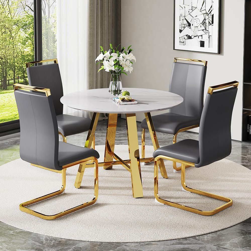 AISYKOD Modern Marble Round Dining Table & Upholstered High Back PU Leather Chairs - 42" Faux Marble Dining Room Set for Kitchen, Office, Cafe & Small Spaces