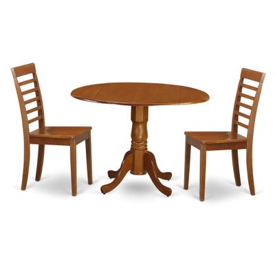 42" Round Small Kitchen Table with Drop Leaves and 2 Chairs - Asian Wood, Brown Finish, Ladder Back Design - Ideal for Small Spaces