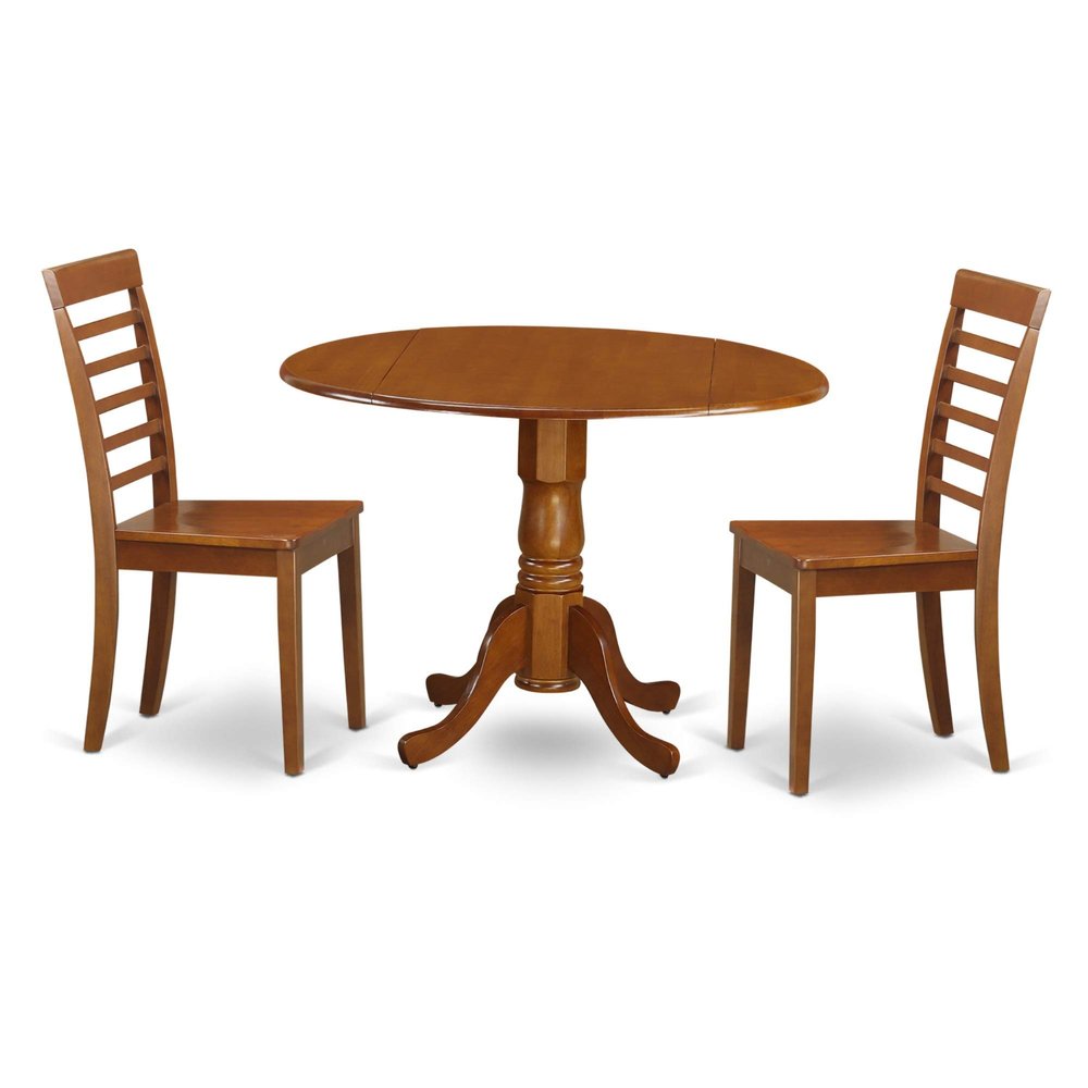 42" Round Small Kitchen Table with Drop Leaves and 2 Chairs - Asian Wood, Brown Finish, Ladder Back Design - Ideal for Small Spaces