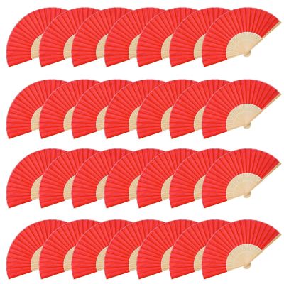 JOHOUSE 28 PCS Fabric Folding Hand Fans, 8.3 Inch Red Fabric Folding Fans