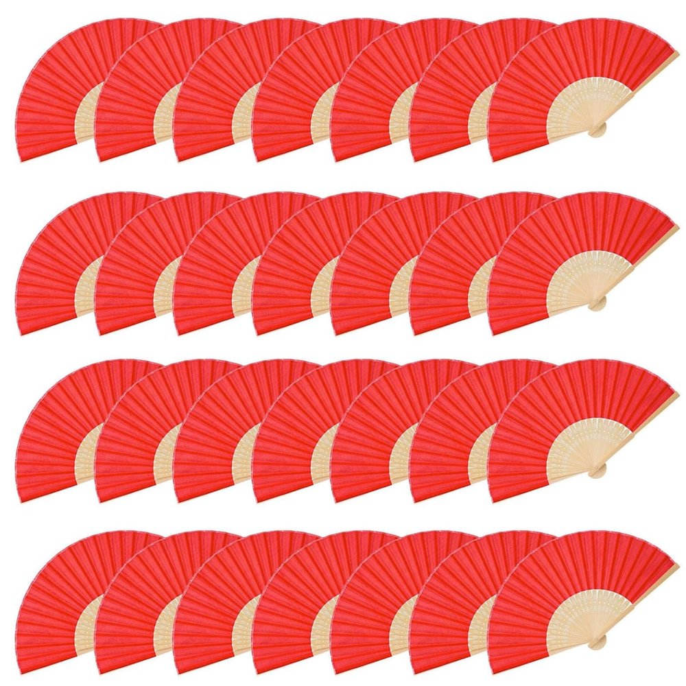 JOHOUSE 28 PCS Fabric Folding Hand Fans, 8.3 Inch Red Fabric Folding Fans