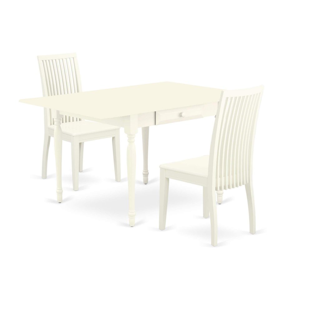 Ergode 3-Piece Modern Dining Table Set - Robust Wood Table with Drop-Down Leaves and 2 Wood Chairs - Linen White Finish