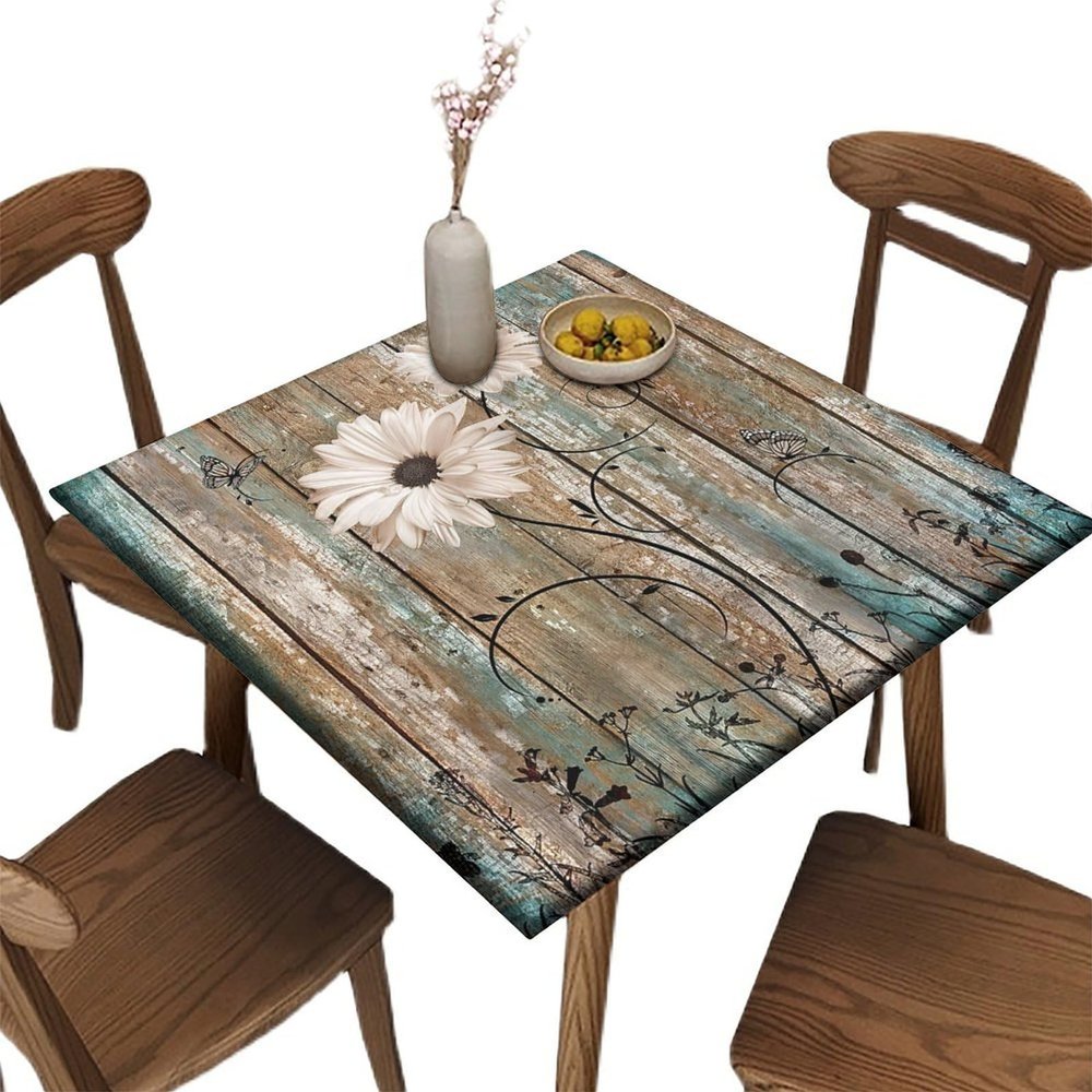 AngelSept Elastic Edge Fitted Square Tablecloth, Old Wooden Farm Style Polyester Table Cover, for Indoor Restaurant or Outdoor Patio Party Dining, Fit for 24" x 24"Square Table