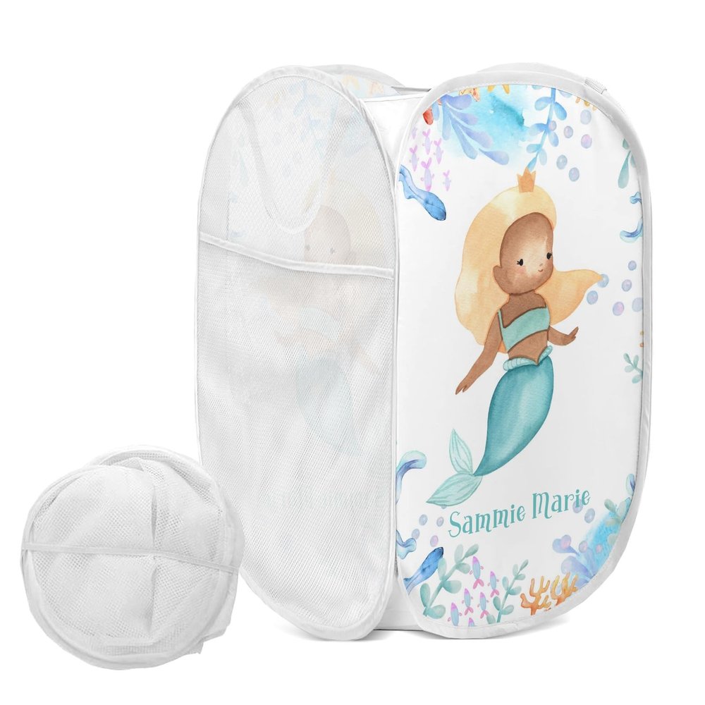 Underwater Watercolor Princess Mermaid Laundry Hamper, Foldable Pop-up Mesh Hamper Dirty Clothes Basket Collapsible for Storage With Durable Handles