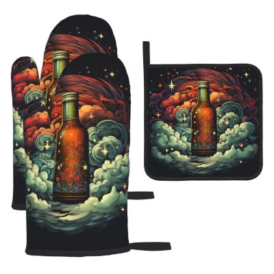 CSGJMYGS 3 pcs Oven Mitts and Pot Holders Set High Heat Resistant Oven Glove and Hot Pads Washable Kitchen Oven Mittens Beer Non-Slip Potholder for Cooking Baking Grilling