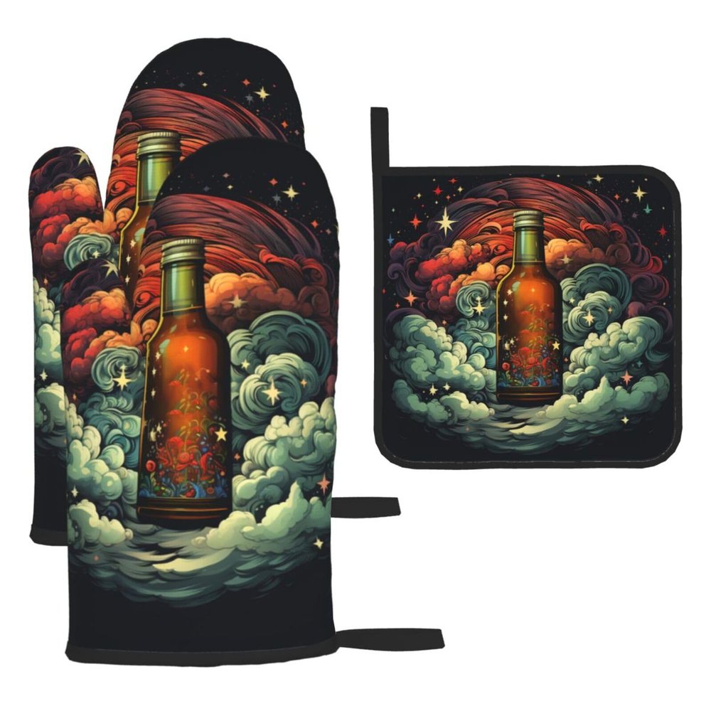 CSGJMYGS 3 pcs Oven Mitts and Pot Holders Set High Heat Resistant Oven Glove and Hot Pads Washable Kitchen Oven Mittens Beer Non-Slip Potholder for Cooking Baking Grilling