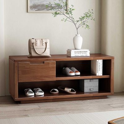 HotcoS 2 Tiers Shoe Rack Solid Wood Shoe Bench with Seat Cushion, Hallway Shoe Storage Bench Organizer with Drawer