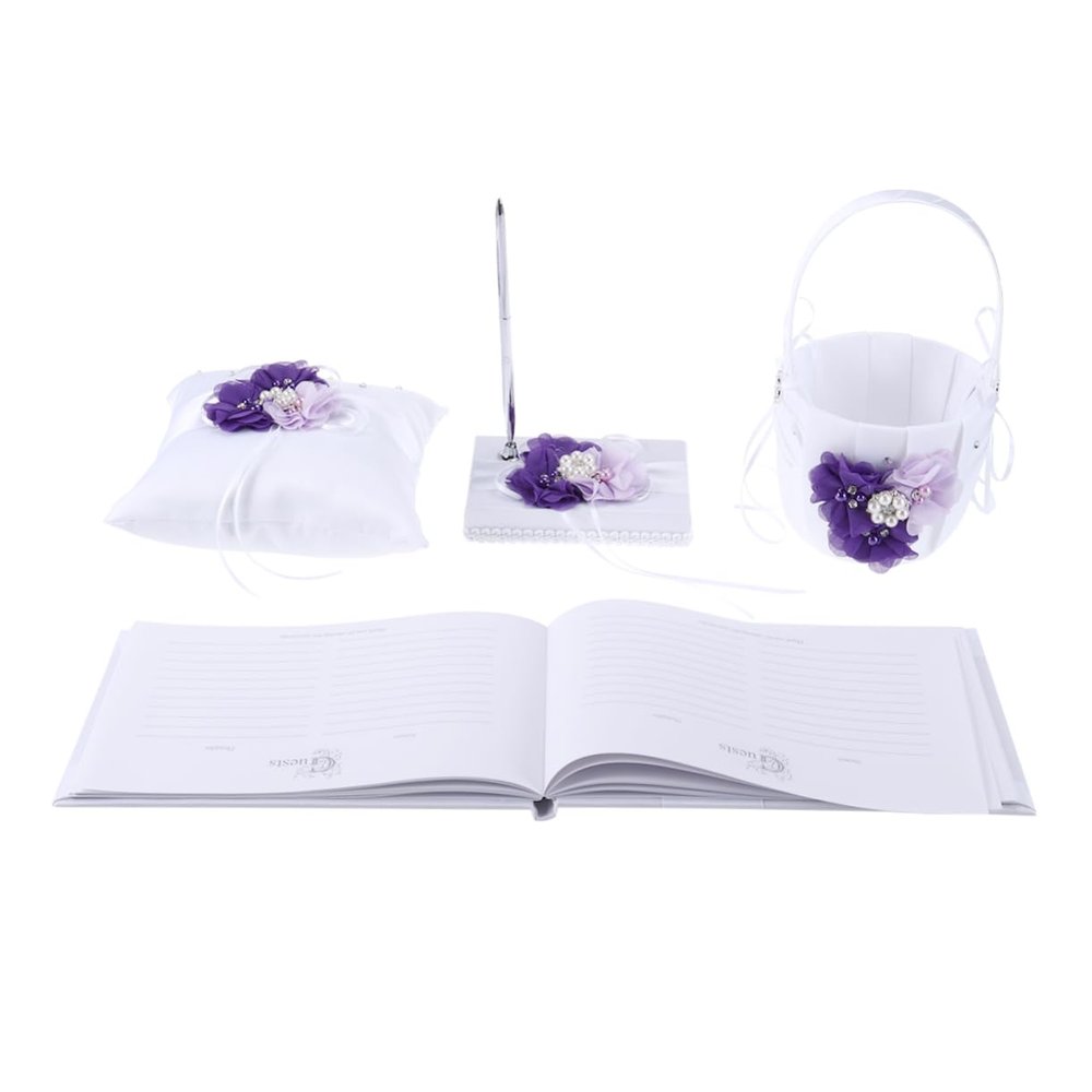JOINPAYA 4pcs Wedding Pillow Flower Basket -Color Flowers Includes Notebook Pen Holder for Bride Elegant Bridal Accessories for Ceremony