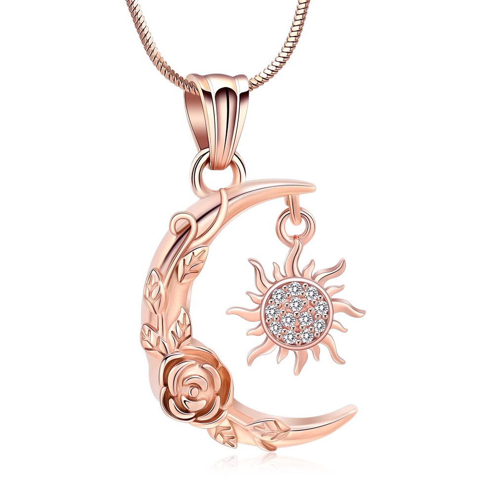 Minicremation Cremation Jewelry Crescent Sun and Moon Urn Necklaces for Ashes Crescent Moon Rose Cremation Jewelry for Women Men Memorial Human Ashes Pendant
