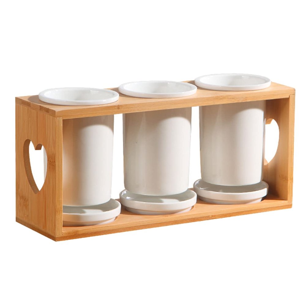 BIUDECO Utensil Organizer with Draining Design Multi-functional Bamboo and Ceramic Cutlery Holder for Kitchen Countertop Easy to Clean Keeps Chopsticks Dry Elegant Style