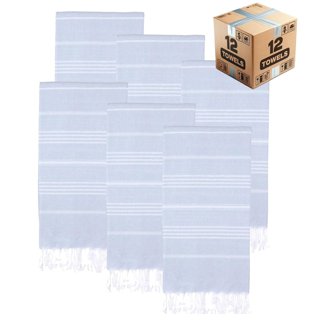 PADISHAHHOME Turkish Beach Towels, Bulk Case of 12 | Oversized, Quick Dry, Sand Free | 100% Cotton, Large 38x71 Towels for Beach, Pool, Travel | Ultra-Soft, Compact, Absorbent | Baby Blue
