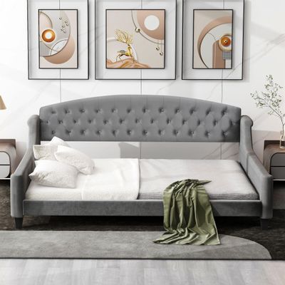 Acosure Full Size Modern Luxury Tufted Button Daybed,Stylish Wood Upholstered Day Bed,No Box Spring Required,Easy Assembly,for Bedroom,Living Room,Guest Room,Den,Office,Gray
