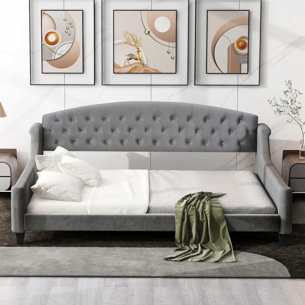 Acosure Full Size Modern Luxury Tufted Button Daybed,Stylish Wood Upholstered Day Bed,No Box Spring Required,Easy Assembly,for Bedroom,Living Room,Guest Room,Den,Office,Gray