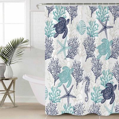 ZOE STORE Shower Curtains for Bathroom Accessories, Teal Blue Coastal Polyester Fabric Bathtub Curtain with 12 Hooks, Sea Turtle Nautical Coral Summer Beach Waterproof Shower Curtains 60 x 72 Inches