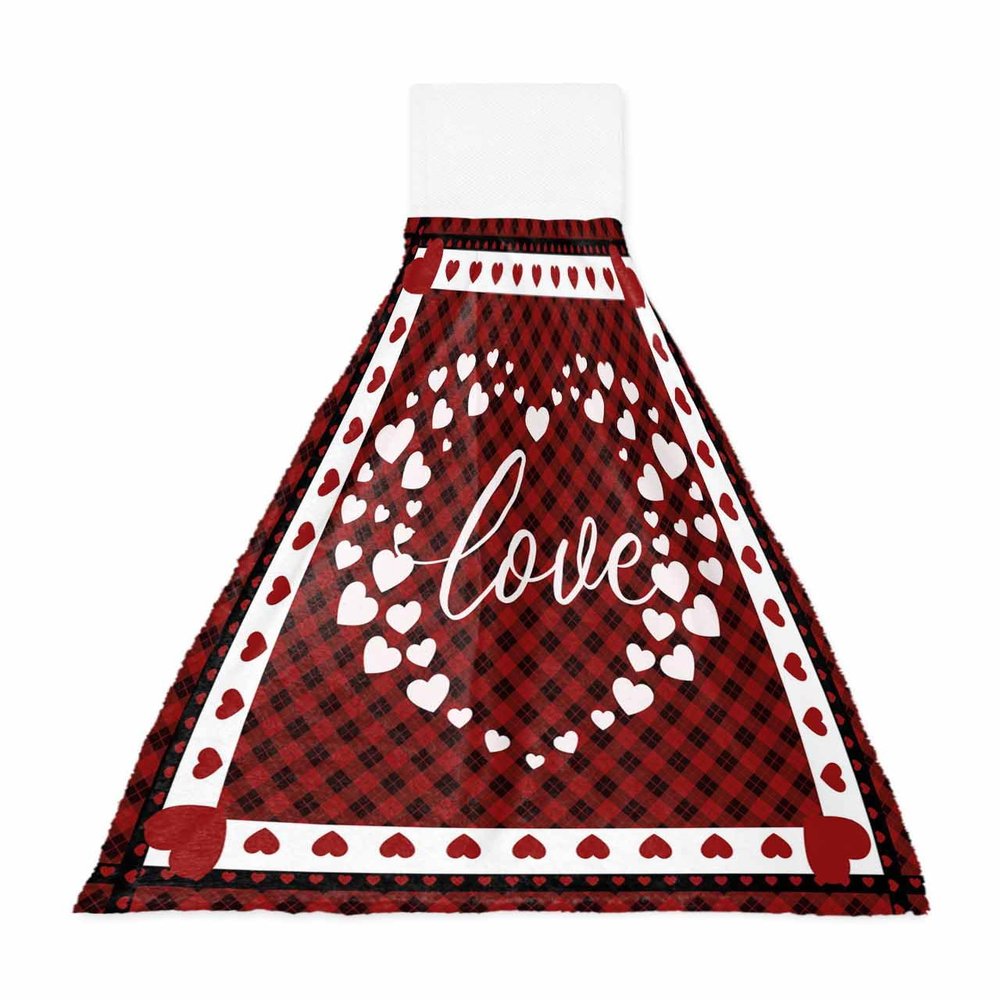 Kewadony 1 Pack Hanging Kitchen Hand Towels, Red Valentine's Day Hand Tie Towels with Hanging Loop, Love Heart Red Black Plaid Soft Absorbent Towels Set for Bathroom and Kitchen