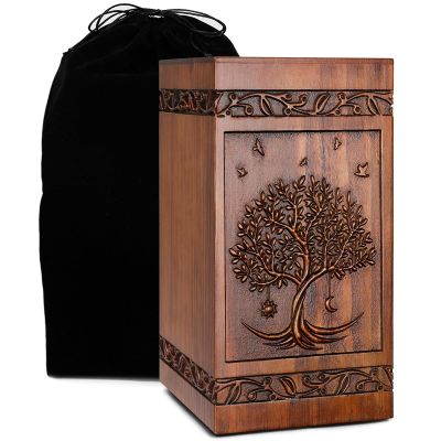 Handcrafted Wooden Cremation Urns for Human Ashes Tree of Life Memorials Funeral Decorative Urn for Adult Female Male Large Pet Dog Box Burial Casket Keepsake with Velvet Bag