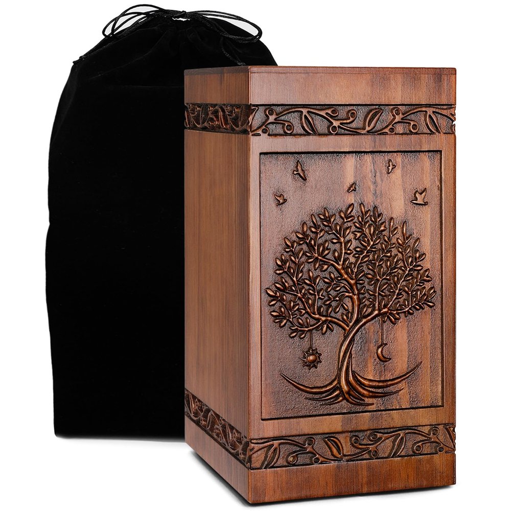 Handcrafted Wooden Cremation Urns for Human Ashes Tree of Life Memorials Funeral Decorative Urn for Adult Female Male Large Pet Dog Box Burial Casket Keepsake with Velvet Bag