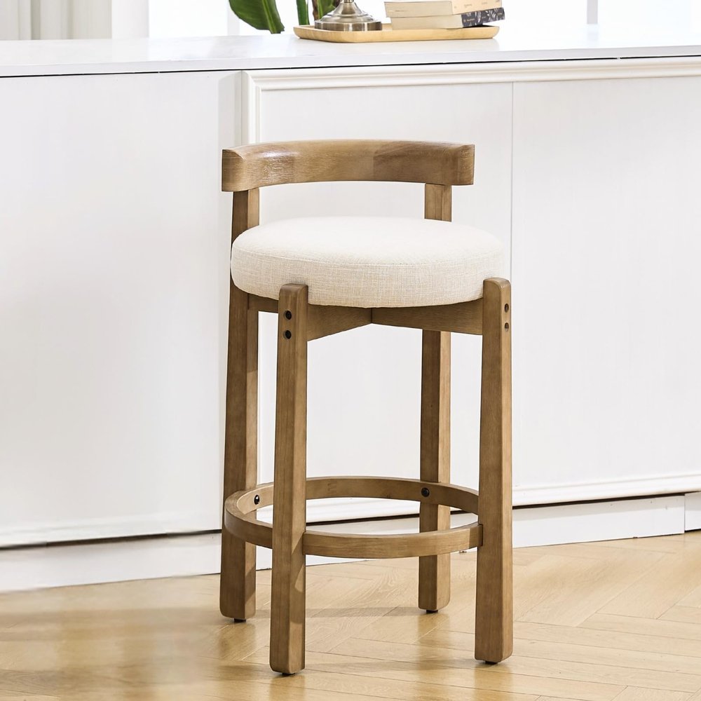 HEAH-YO Mid Century Modern Bar Stool, 26.5" Counter Stool with Back, Linen Upholstered Barstool with Solid Wood Legs Bar Chair for Kitchen Island Dining Room, 1 PC, Beige
