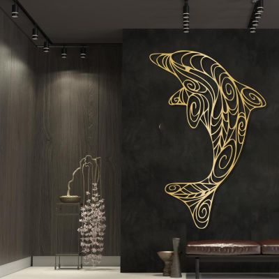 3D Metal Dolphin Wall Decor, Metal Dolphin Wall Art, Coastal Metal Wall Art, Boho Wall Decor, Dolphin Metal Sign, Dolphin Theme Beach Wall Art, Sea Animal Home Decor, Housewarming Gift (15"x24"|39x60cm, Gold)