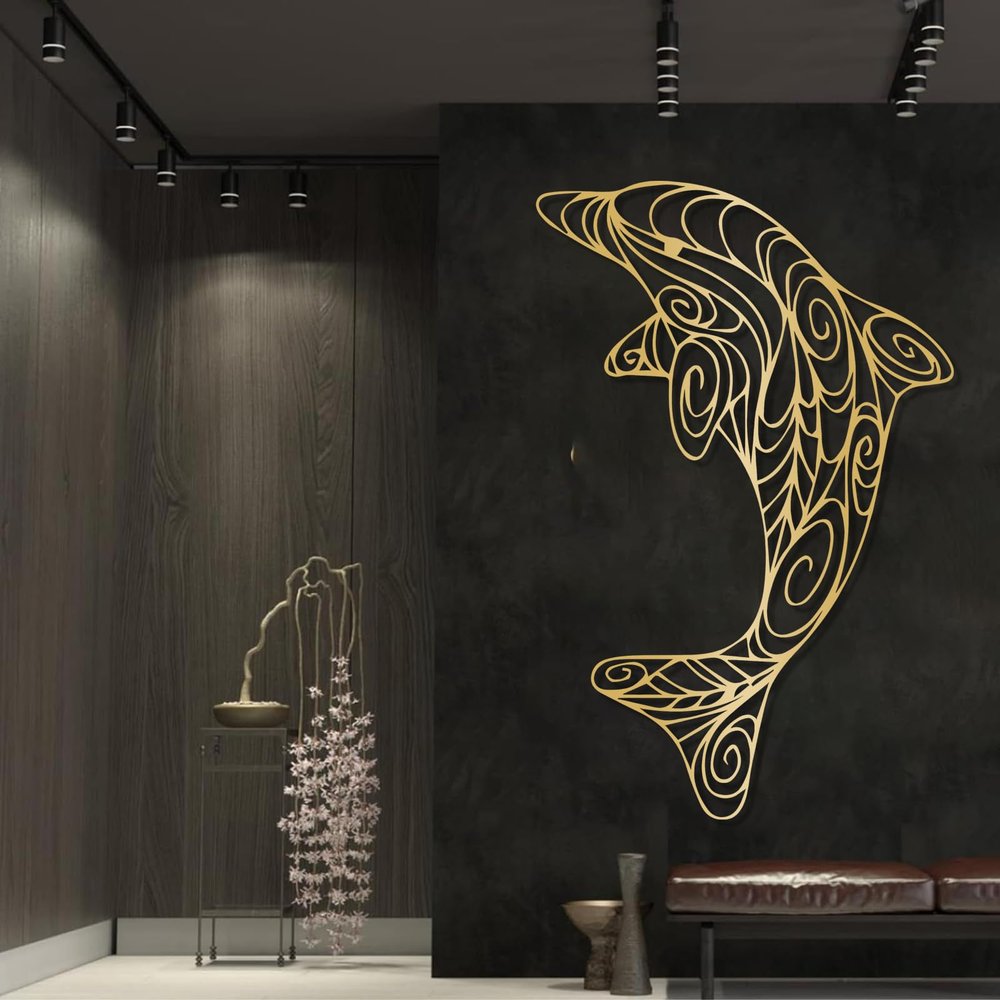 3D Metal Dolphin Wall Decor, Metal Dolphin Wall Art, Coastal Metal Wall Art, Boho Wall Decor, Dolphin Metal Sign, Dolphin Theme Beach Wall Art, Sea Animal Home Decor, Housewarming Gift (15"x24"|39x60cm, Gold)