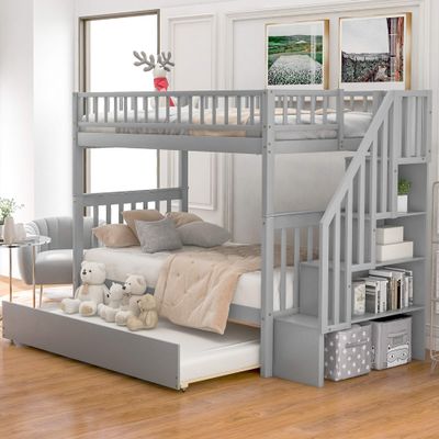 Acosure Twin-Over-Twin Bunk Bed with Trundle,Guardrail and 4 Storage Shelves,Wood Bunk-Bed W/Planked Panel Headboards & Footboards,Bedroom Furniture for Children,Teens,Adults,Gray