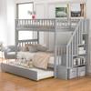 Acosure Twin-Over-Twin Bunk Bed with Trundle,Guardrail and 4 Storage Shelves,Wood Bunk-Bed W/Planked Panel Headboards & Footboards,Bedroom Furniture for Children,Teens,Adults,Gray view 1