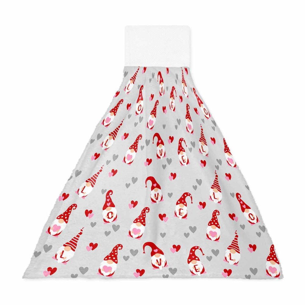 Kewadony 1 Pack Hanging Kitchen Hand Towels, Valentine's Day Hand Tie Towels with Hanging Loop, Red Gnomes Love Heart Grey Soft Absorbent Towels Set for Bathroom and Kitchen