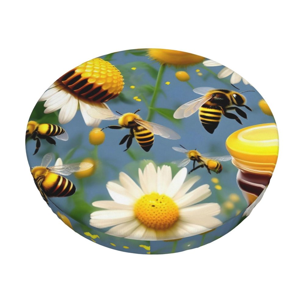 berbo Flying Bees Daisy Honey Round Stool Covers - Bar Chair Cushion Seat Covers, Elastic & Stretchable, Washable & Waterproof,Versatile Slipcovers