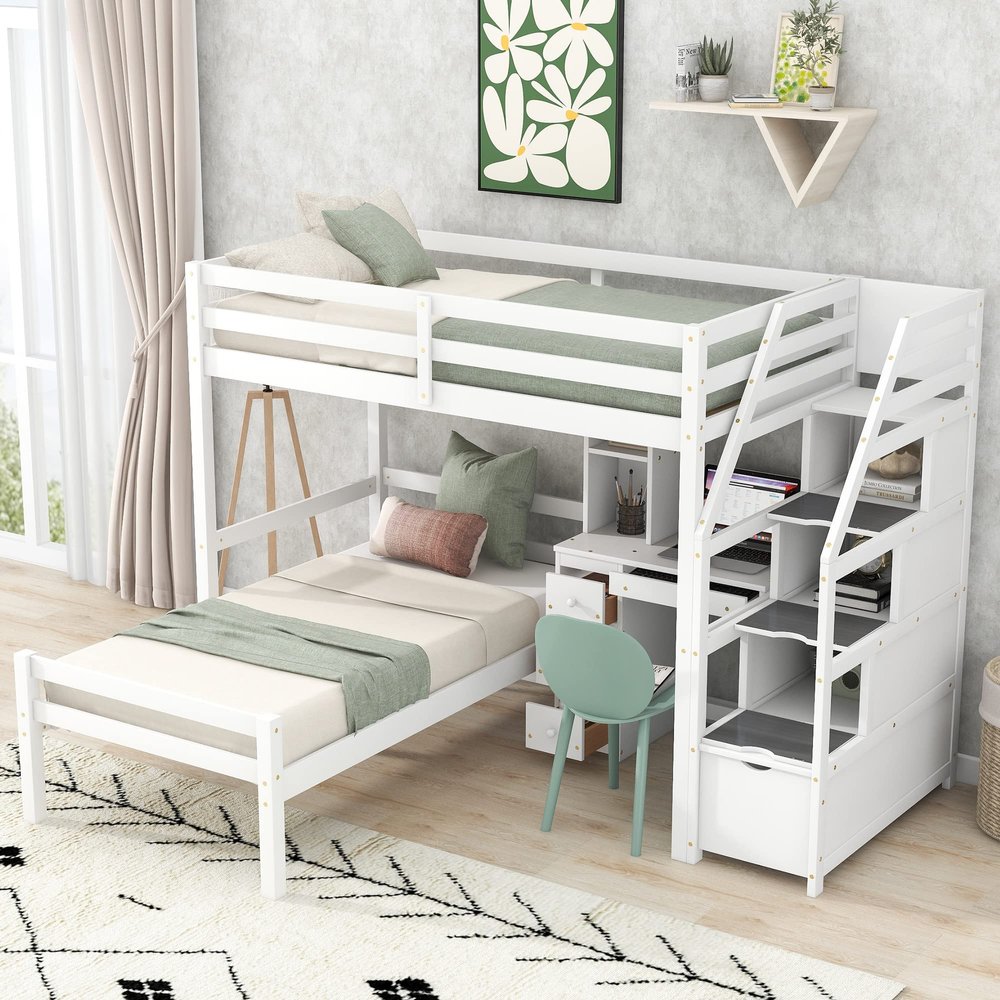Acosure Twin Size Solid Wood Loft Bed with Storage Staircase and Desk, Bedroom Multifunctional Separable Bed Frame w/Shelves & Drawers,No Box Spring Needed,for Adult Kid Boy Girl,White